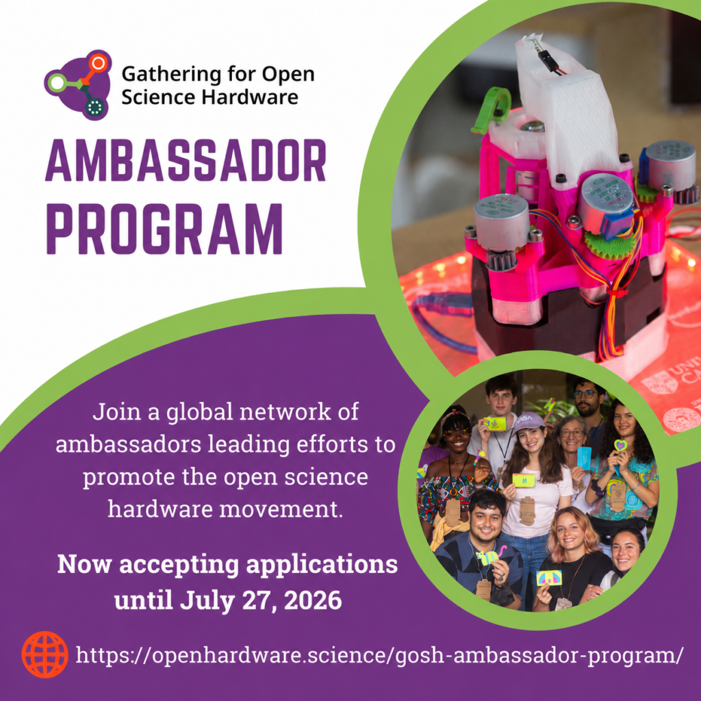 A composite text and photo image featuring hardware, GOSH Community members, textual details about the Ambassador program, and the application deadline of July 27, 2026
